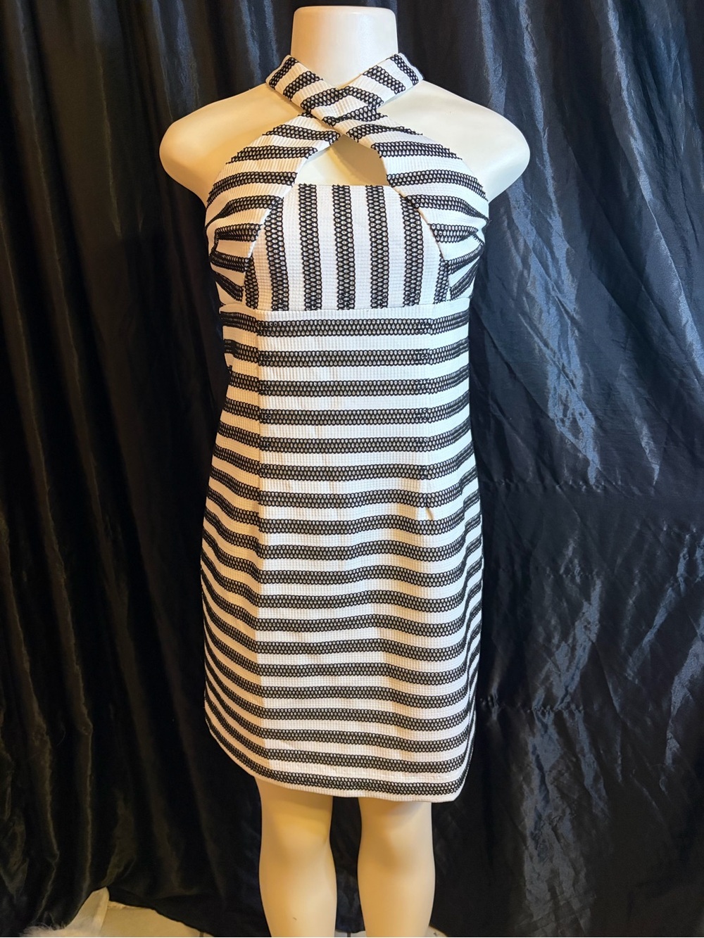 Trina Turk Black & White Striped Halter Crisscross Mini Dress